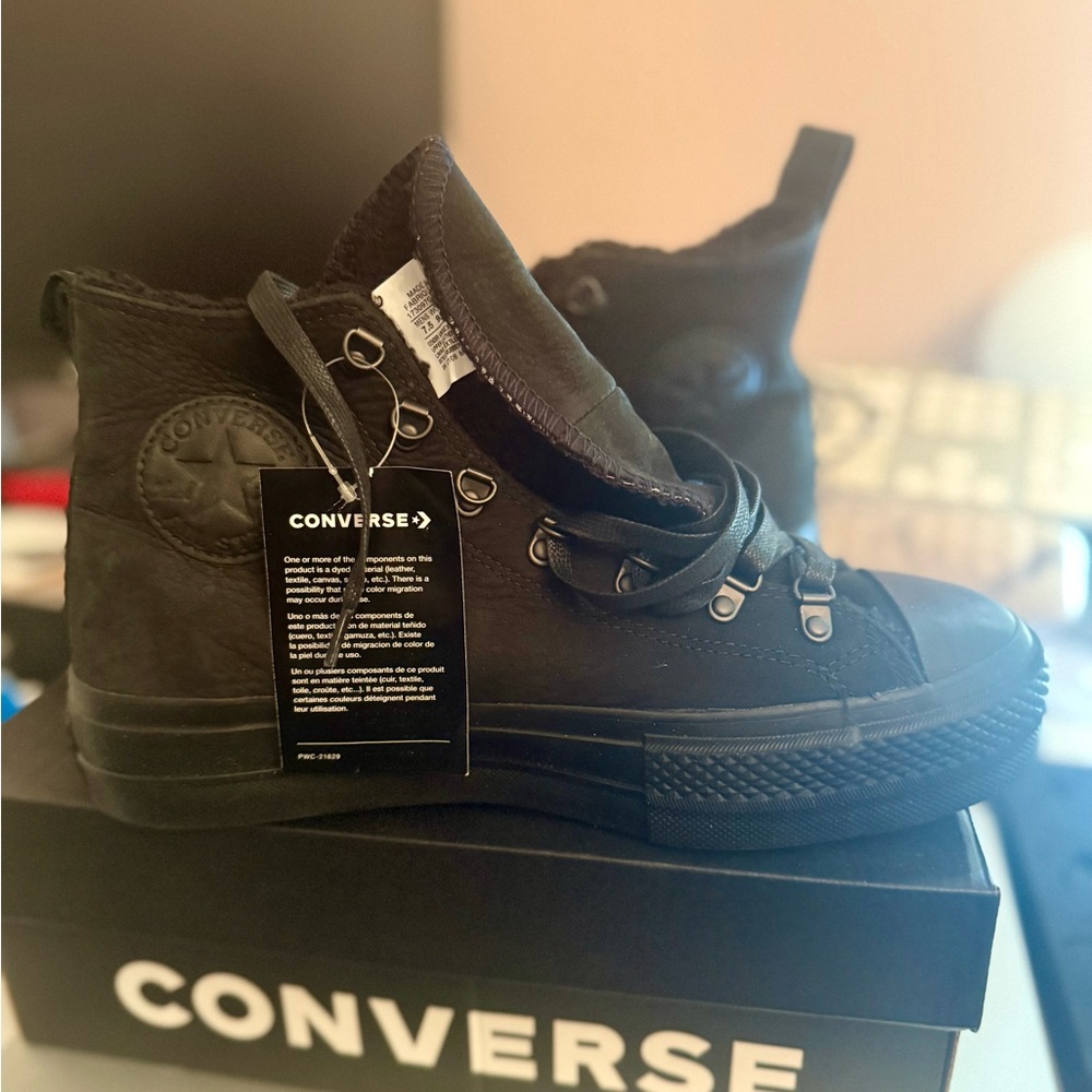 Converse Black Leather Lift Hi Sneakers all black